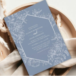 Invitación Boda Floral Geométrico Azul Dusto Todo En Uno