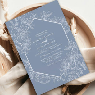 Invitación Boda Floral Geométrico Azul Dusto Todo En Uno