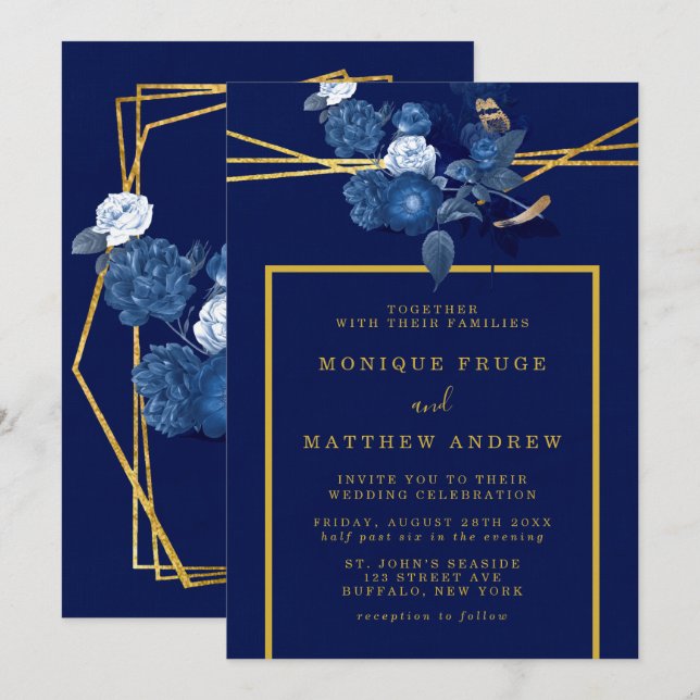 Invitación Boda floral geométrico azul y oro (Anverso / Reverso)