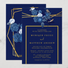 Invitación Boda floral geométrico azul y oro