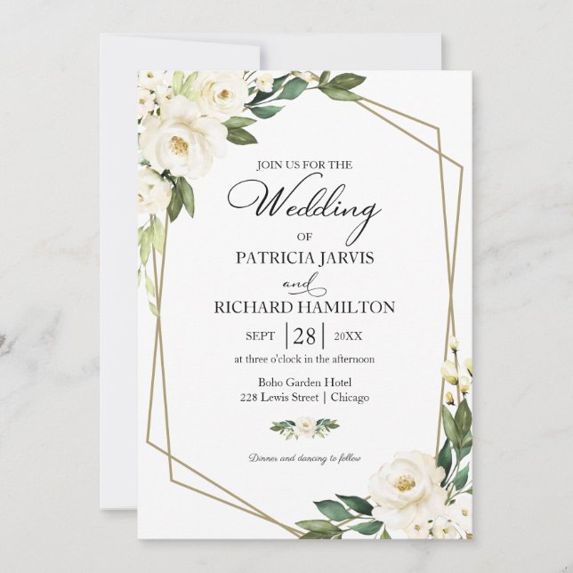 Invitación Boda floral geométrico blanco (Anverso)