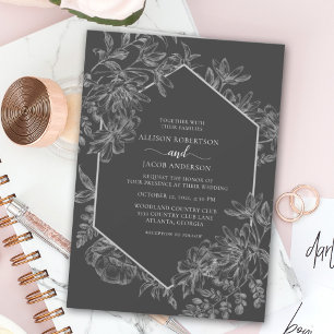 Invitación Boda floral geométrico blanco gris todo en uno