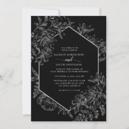 Invitación Boda floral geométrico blanco negro todo en uno