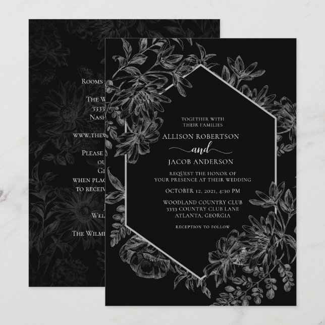 Invitación Boda floral geométrico blanco negro todo en uno (Anverso / Reverso)