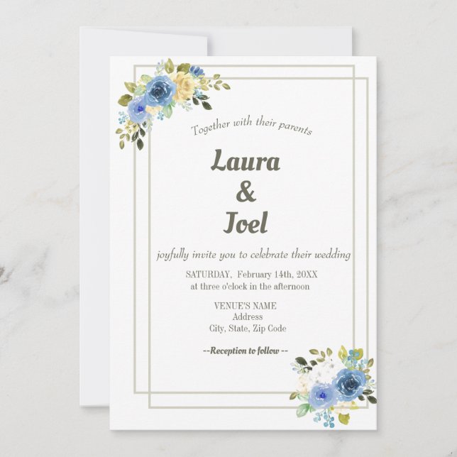 Invitación Boda floral geométrico bordeado verde (Anverso)