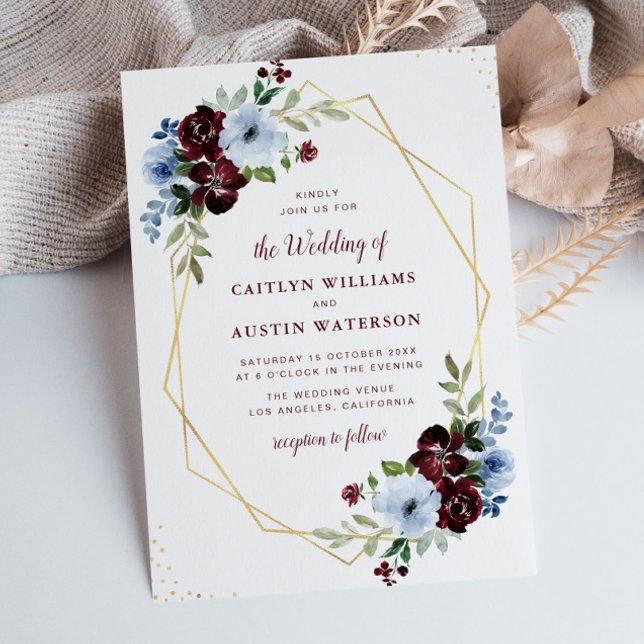 Invitación boda floral geométrico burgundy & Dusty azul (Subido por el creador)