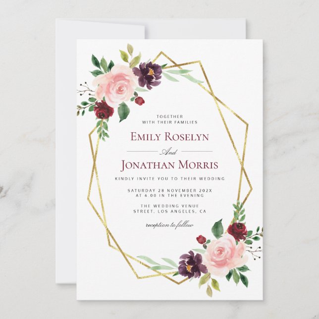 Invitación boda floral geométrico de borgoña y rubor (Anverso)
