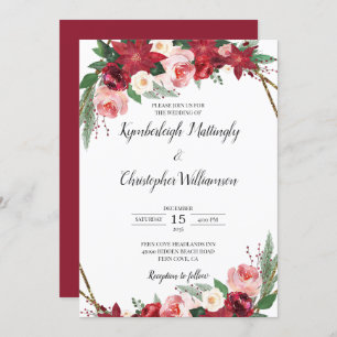 Invitación Boda floral geométrico de color oro de borgoña