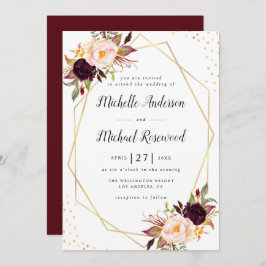 Invitación Boda floral geométrico de correa borgoñosa