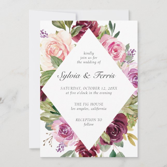Invitación Boda floral geométrico de la Pluma Moody (Anverso)
