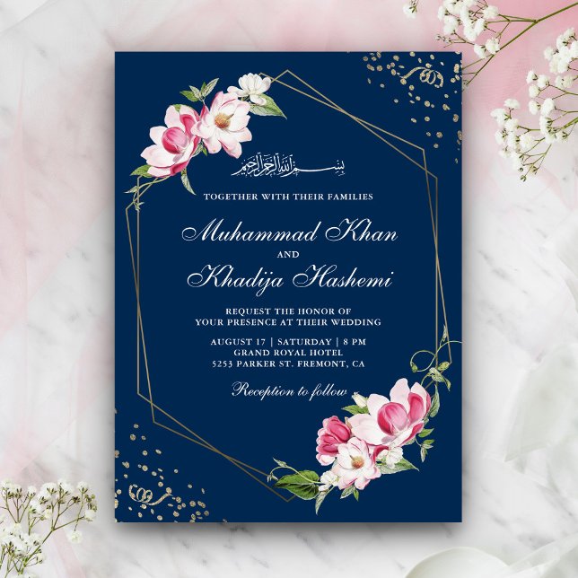 Invitación Boda floral geométrico de marco de la marina azul  (Subido por el creador)