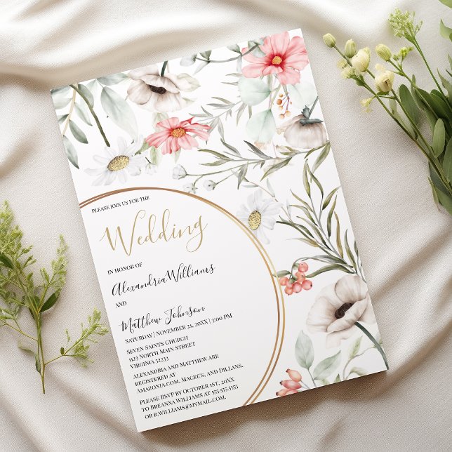 Invitación Boda floral geométrico de oro de menta rosa botáni (Botanic pink mint gold geometric floral Wedding)