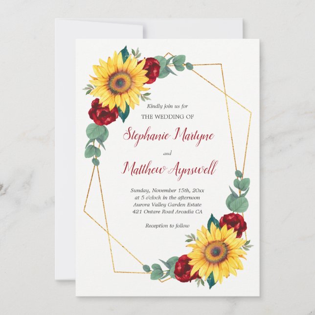 Invitación Boda floral geométrico de rosa roja giratoria (Anverso)