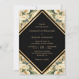 Invitación Boda floral geométrico marfil-negro oro