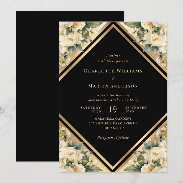Invitación Boda floral geométrico marfil-negro oro (Anverso / Reverso)