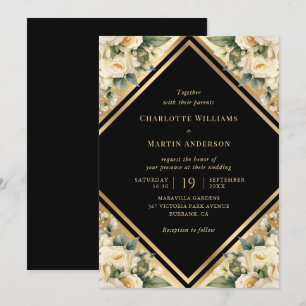 Invitación Boda floral geométrico marfil-negro oro