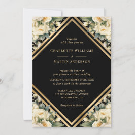 Invitación Boda floral geométrico marfil-negro oro