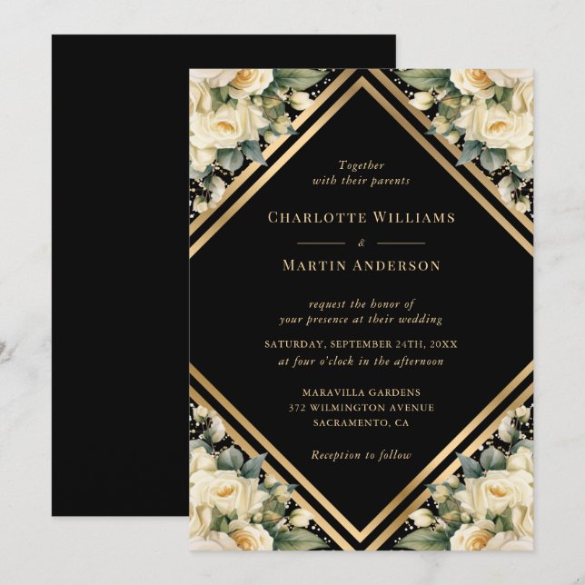 Invitación Boda floral geométrico marfil-negro oro (Anverso / Reverso)