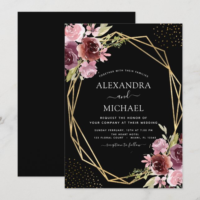 Invitación Boda floral geométrico moderno rosa de Borgoña (Anverso / Reverso)