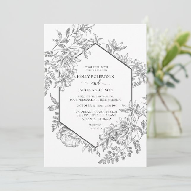 Invitación Boda floral geométrico negro y blanco (Anverso de pie)