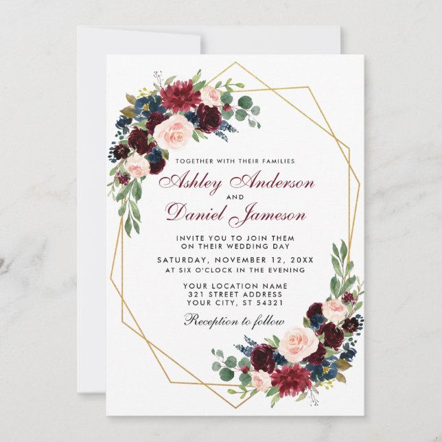 Invitación Boda floral geométrico oro azul borgoña (Anverso)