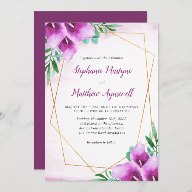 Invitación Boda Floral Geométrico Purple Calla Lily (Anverso / Reverso)