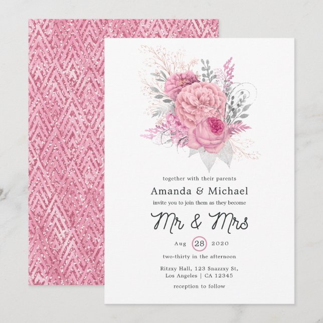 Invitación Boda floral geométrico Purpurina rosa y plateado (Anverso / Reverso)