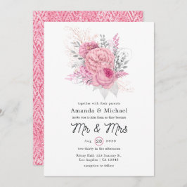 Invitación Boda floral geométrico Purpurina rosa y plateado