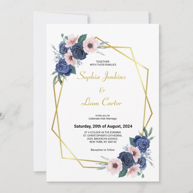 Invitación Boda floral geométrico rosa Dusty Blue Rubor (Anverso)