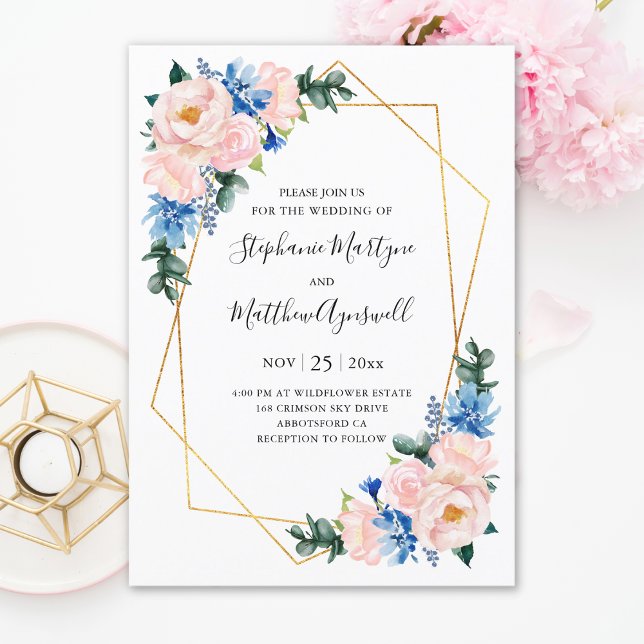 Invitación Boda floral geométrico rosa Dusty Blue Rubor (Subido por el creador)