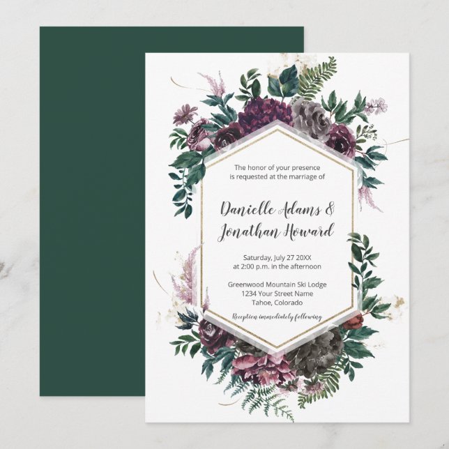 Invitación Boda floral geométrico rugoso de borgoña (Anverso / Reverso)