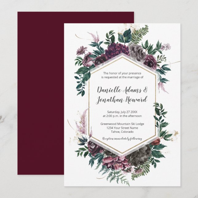 Invitación Boda floral geométrico rugoso de borgoña (Anverso / Reverso)