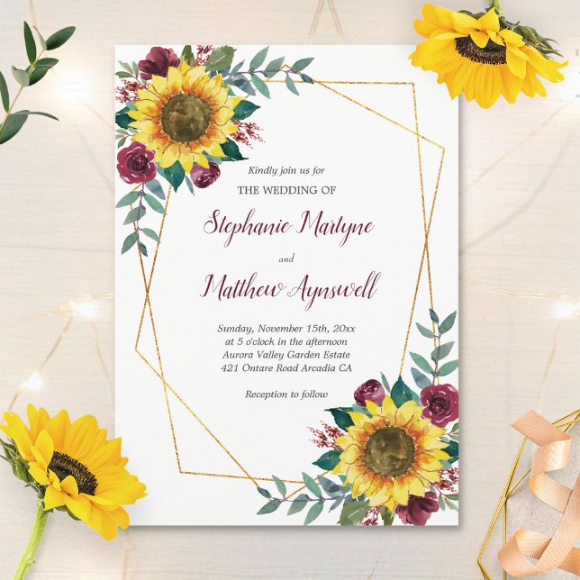 Invitación Boda Floral Geométrico Sunflower Burgundy Rosas (Subido por el creador)