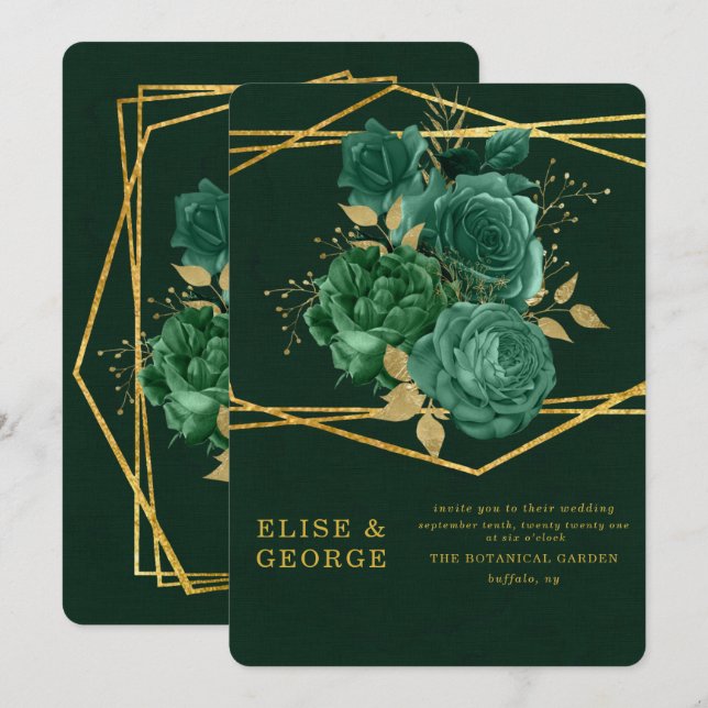 Invitación Boda floral geométrico único verde y oro (Anverso / Reverso)