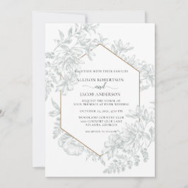 Invitación Boda floral geométrico verde de sabio blanco y bla