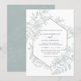 Invitación Boda floral geométrico verde de sabio blanco y bla
