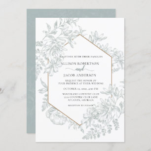 Invitación Boda floral geométrico verde de sabio blanco y bla