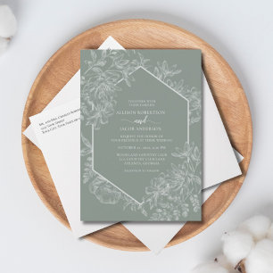 Invitación Boda floral geométrico verde sabio todo en uno