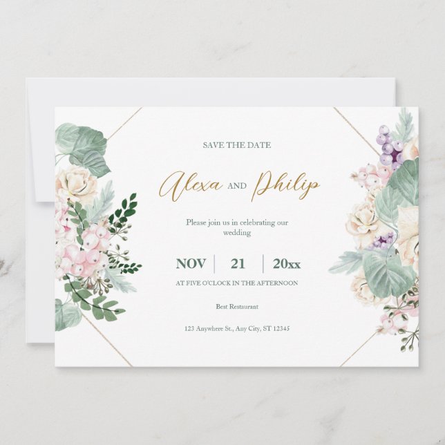 Invitación Boda floral geométrico verde y dorado (Anverso)