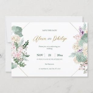 Invitación Boda floral geométrico verde y dorado