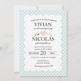 Invitación Boda Floral Gingham Azul Rosa