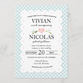 Invitación Boda Floral Gingham Azul Rosa