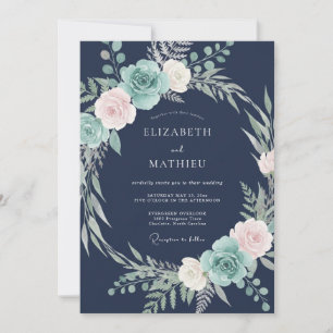 Invitación Boda floral glacial azul marino