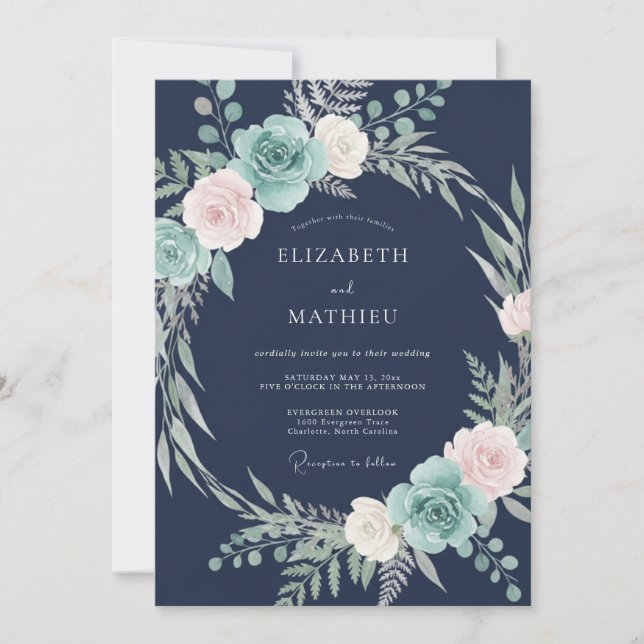 Invitación Boda floral glacial azul marino (Anverso)