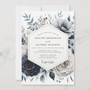 Invitación Boda Floral Glacial Azul Pizarra