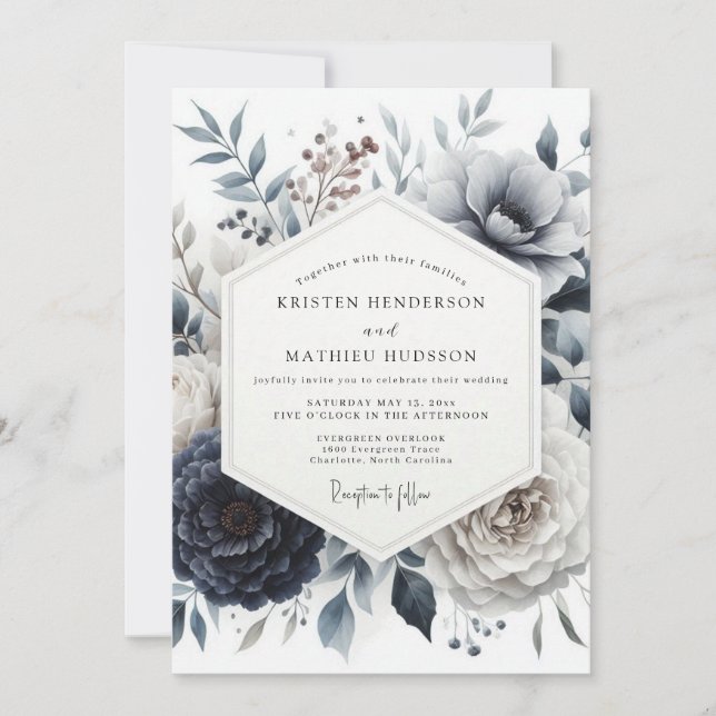 Invitación Boda Floral Glacial Azul Pizarra (Anverso)