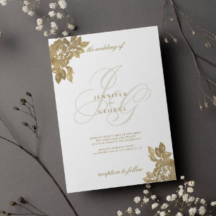 Invitación Boda floral glam en monograma dorado blanco