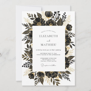 Invitación Boda floral glamorosa de oro negro
