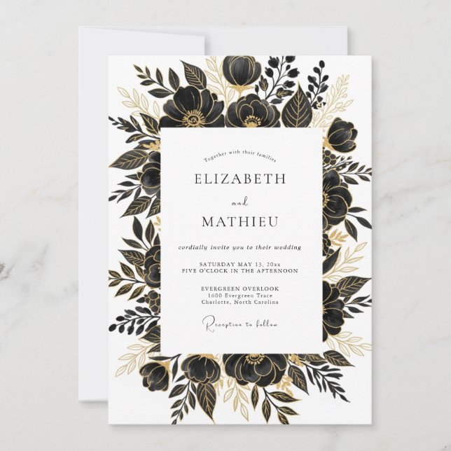 Invitación Boda floral glamorosa de oro negro (Anverso)