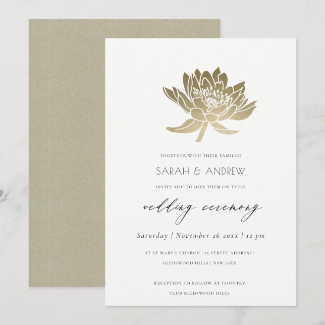 Invitación Boda FLORAL GLAMOROSO DE ORO PÁLIDO BLANCO LOTUS (Anverso / Reverso)